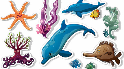 Set of Sea Animals on a White Canvas Sticker,vector image