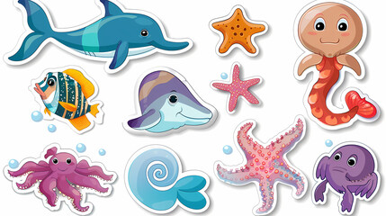 Naklejka premium Set of Sea Animals on a White Canvas Sticker,vector image