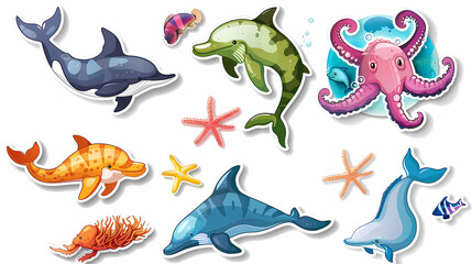 Fototapeta premium Set of Sea Animals on a White Canvas Sticker,vector image