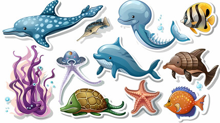 Naklejka premium Set of Sea Animals on a White Canvas Sticker,vector image