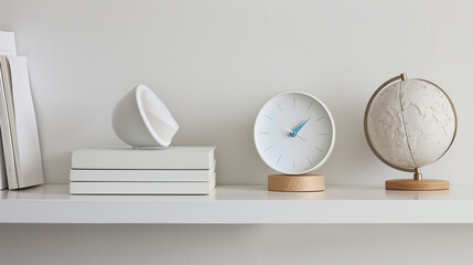 Minimalist shelf with clock, globe, and decorative items