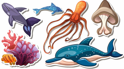 Fototapeta premium Set of Sea Animals on a White Canvas Sticker,vector image