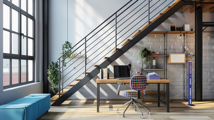 Modern home office with staircase and vibrant decor
