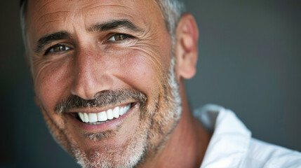 happy smiling closeup face of middle-aged man male with Healthy white teeth and his mustache beard seen from the side
