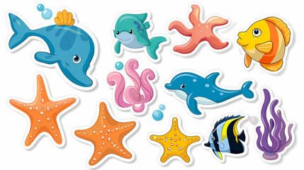 Set of Sea Animals on a White Canvas Sticker,vector image