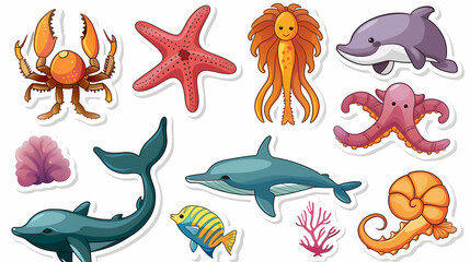 Set of Sea Animals on a White Canvas Sticker,vector image