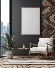 A large wood panel wall with vertical black stripes, interior design of a living room, a white blank poster frame on the wall, grey walls