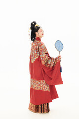 A woman wearing ancient Chinese clothing against a white background.