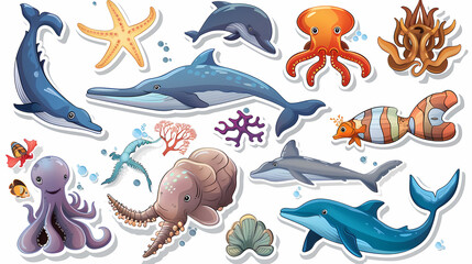 Set of Sea Animals on a White Canvas Sticker,vector image