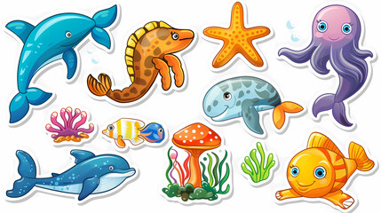Fototapeta premium Set of Sea Animals on a White Canvas Sticker,vector image