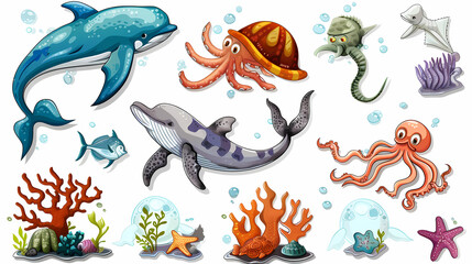 Set of Sea Animals on a White Canvas Sticker,vector image