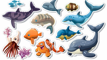 Naklejka premium Set of Sea Animals on a White Canvas Sticker,vector image