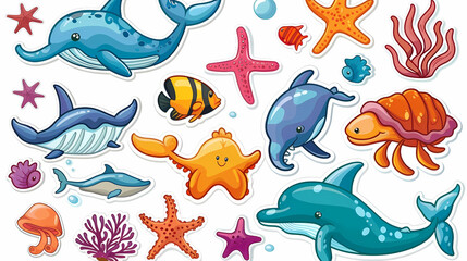 Fototapeta premium Set of Sea Animals on a White Canvas Sticker,vector image