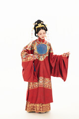 A woman wearing ancient Chinese clothing against a white background.