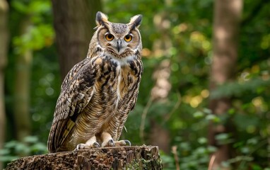 Fototapeta premium Eurasian Eagle Owl (Bubo Bubo) sitting on a tree stump, very beautiful close-up