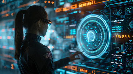 A woman is touching a screen with a blue face on it. The woman is wearing a black jacket and glasses