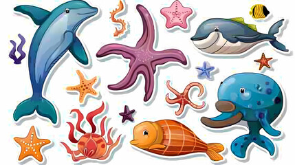 Obraz premium Set of Sea Animals on a White Canvas Sticker,vector image