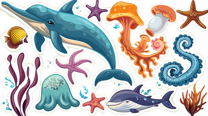 Fototapeta premium Set of Sea Animals on a White Canvas Sticker,vector image