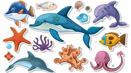 Set of Sea Animals on a White Canvas Sticker,vector image