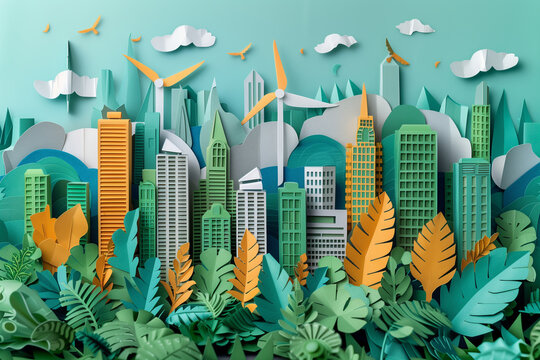A cityscape made of paper with buildings and trees