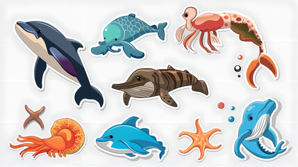 Fototapeta premium Set of Sea Animals on a White Canvas Sticker,vector image