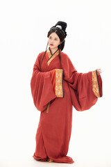 A woman wearing ancient Chinese clothing against a white background.