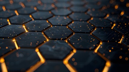 Obraz premium Luxury hexagonal abstract black metal background with golden light lines. Dark 3d geometric texture illustration. 