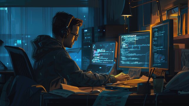 Attractive professional software developer coding program or engineering prompt. Skilled programmer typing computer and laptop while developing system with blurring background. Technology. AIG42.