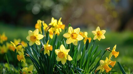 Yellow daffodils in a garden spring blooms in a flowerbed yellow flowers in the spring grass spring floral arrangement park flowers ornamental blooms card backdrop floral bouquet