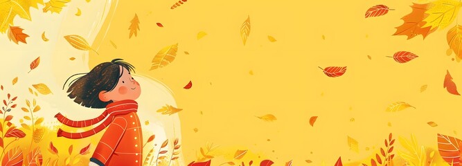 Yellow Autumn seasonal theme child illustration. Big copy space. Wallpaper. 