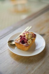 blueberry crumble cake in white plate