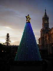[Peru] Illuminated Cathedral and Christmas Tree in Plaza de Armas (Arequipa)