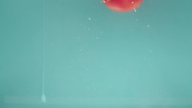 A one red vegetable bell pepper on a turquoise background plunges into water, rotates, emerges to the surface and forms bubbles. Slow motion mode. Close up.