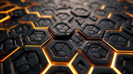 Obraz premium Luxury hexagonal abstract black metal background with golden light lines. Dark 3d geometric texture illustration. 