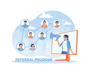 Marketing on social media. People share business information and make money. Referral Program concept. Flat vector illustration.