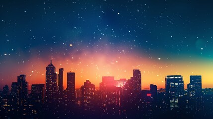 Nighttime city skyline copy space, vivid hues, Double exposure silhouette with illuminated buildings and stars