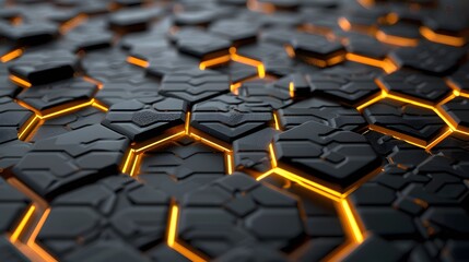 Fototapeta premium Luxury hexagonal abstract black metal background with golden light lines. Dark 3d geometric texture illustration. 
