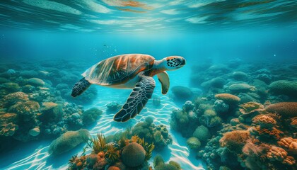 Images of a sea turtle swimming in the clear sea, showcasing the beautiful sea floor and surrounding sea plants.