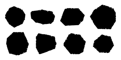 Black silhouette irregular shapes with ragged edges isolated on white background. Set of rough torn paper
