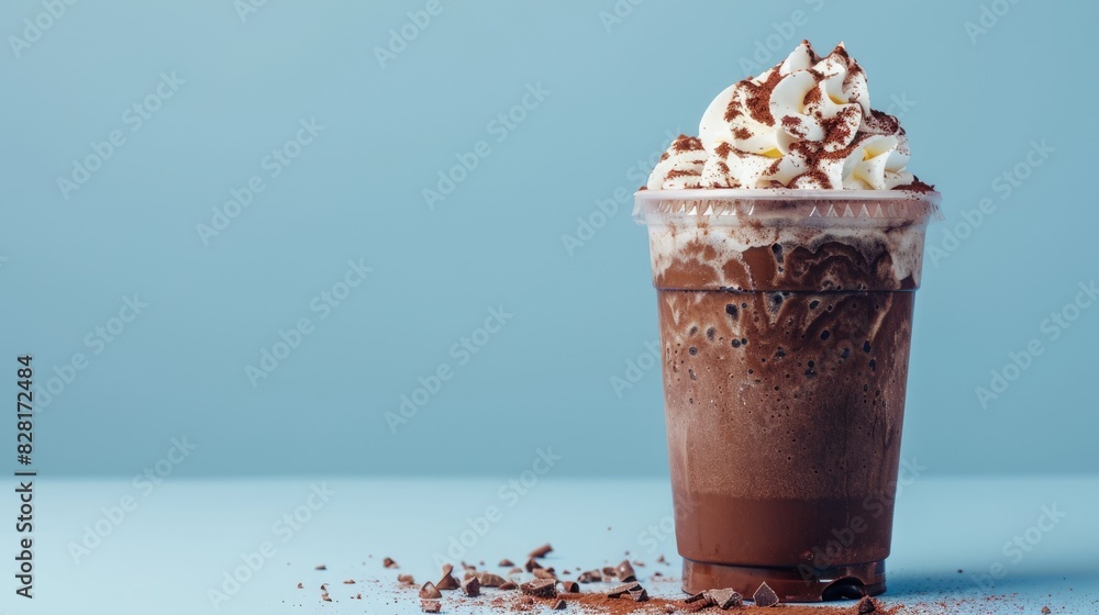 Poster Chocolate and whipped cream on cold cocoa drink served in a take home cup against a blue backdrop Food concept from the front