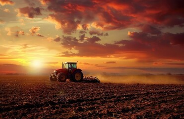 Fototapeta premium Agricultural scene - a tractor plowing the field, turning the soil for the new planting season, enhancing crop growth, and contributing to sustainable farming practices.
