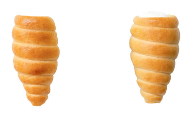 Top view set of puff pastry cream horns scattering isolated with clipping path in png file format