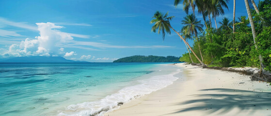 wide white sandy beach with blue water with coconut trees, clear blue sky and calm waves under natural sunlight during the day created with Generative AI Technology - Powered by Adobe