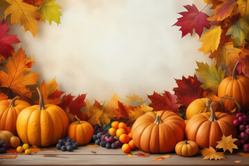 Dynamic acrylic paint border adorned with autumn and Thanksgiving symbols: vibrant leaves, pumpkins, and an array of seasonal fruits.