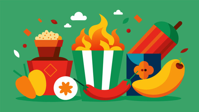 A zesty assortment of snacks that pack a punch from kickin chili lime popcorn to fiery habanero jerky.. Vector illustration