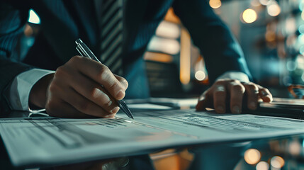 Fototapeta premium A man is writing with a pen on a piece of paper. Concept of professionalism and focus, as the man is dressed in a suit and tie and he is working on important documents