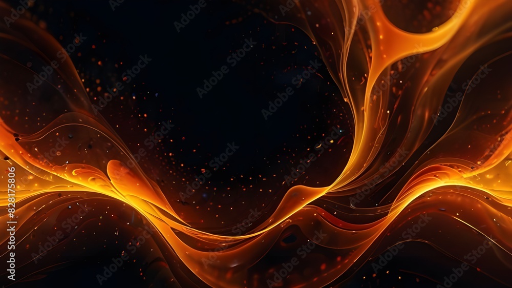 Poster an artistic pattern of amber and orange tints and shades form a glowing wave on a dark background, r