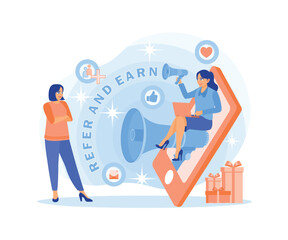 Women use social media to share business. Refer friends and benefit mutually. Referral Program concept. Flat vector illustration.