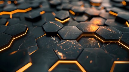 Fototapeta premium Luxury hexagonal abstract black metal background with golden light lines. Dark 3d geometric texture illustration. 
