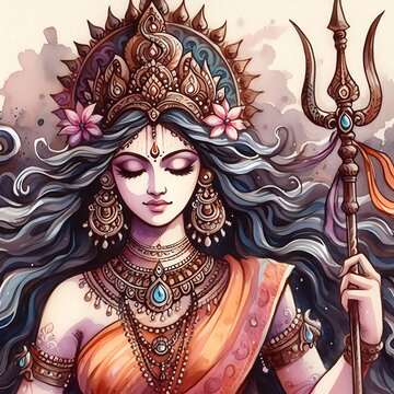 Watercolor Illustration of Goddess Parvati with Trident